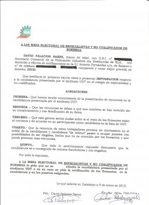 Impugnacion de ELA sobre candidatura de UGT y resolucion de la mesa de especialistas y no cualificados